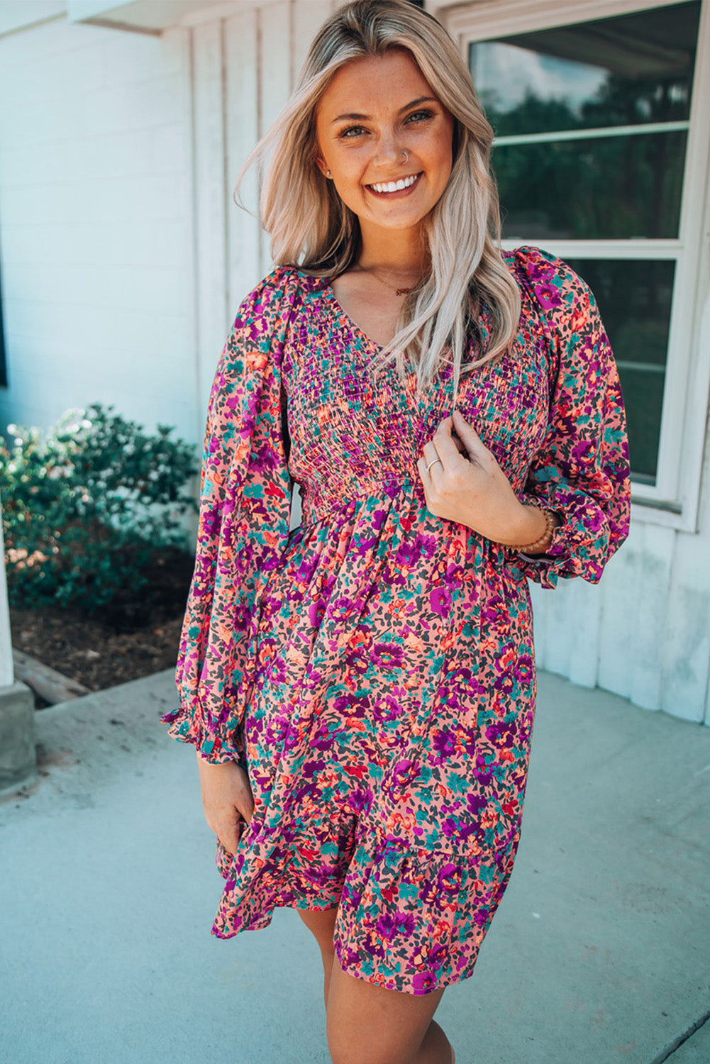 Purple Smocked V Neck Puffy Sleeve Floral Dress