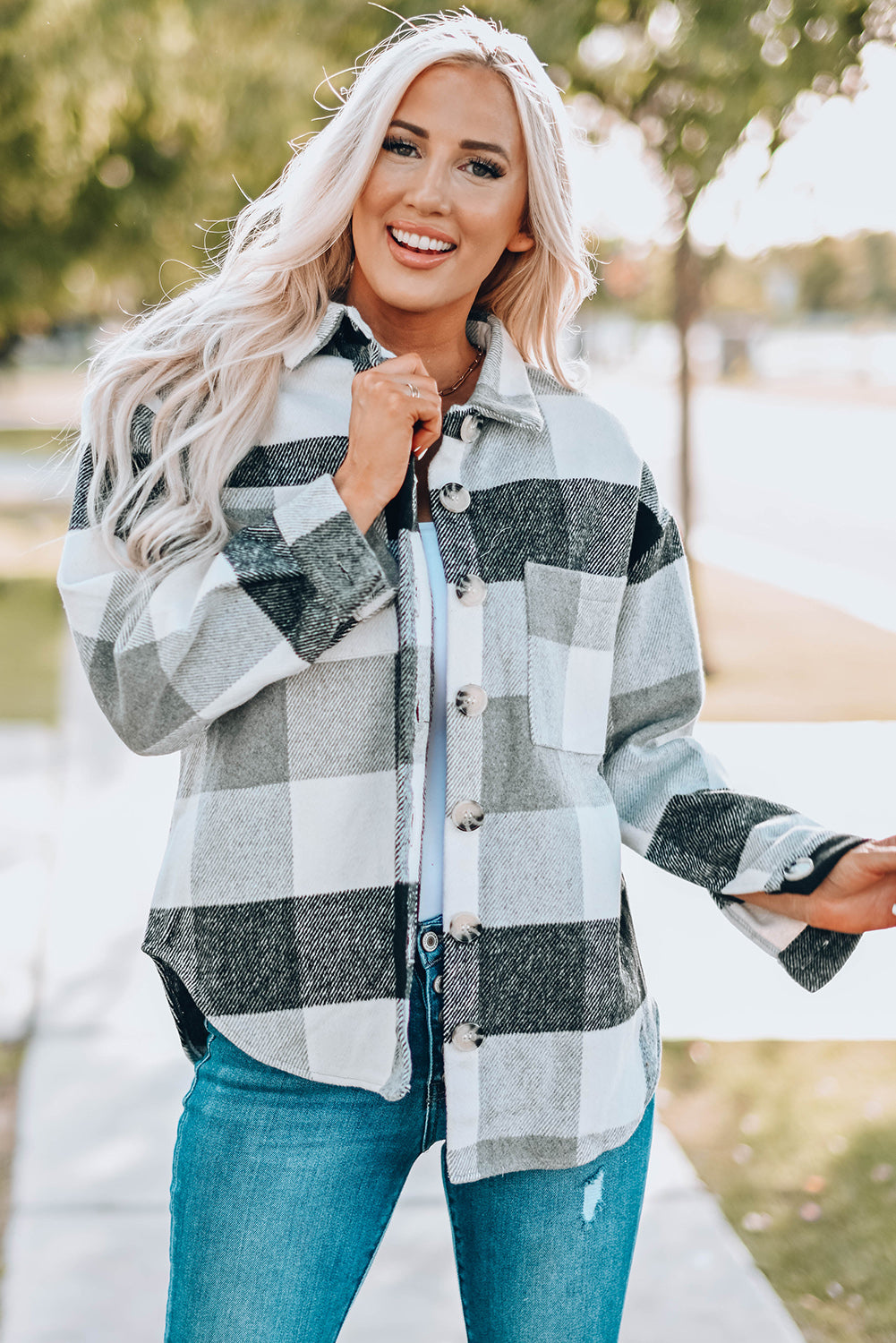 Gray Plaid Color Block Buttoned Long Sleeve Jacket with Pocket