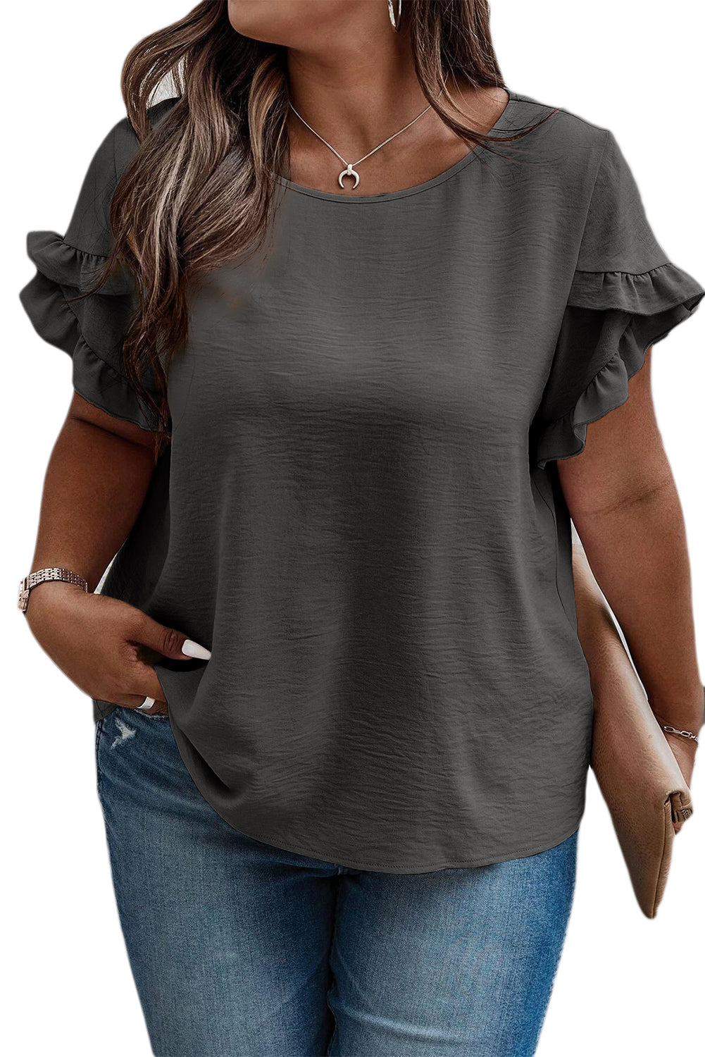 Dark Grey Ruffled Short Sleeve Plus Size Top