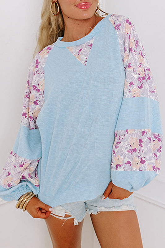 Beau Blue Textured Floral Patchwork Balloon Sleeve Blouse