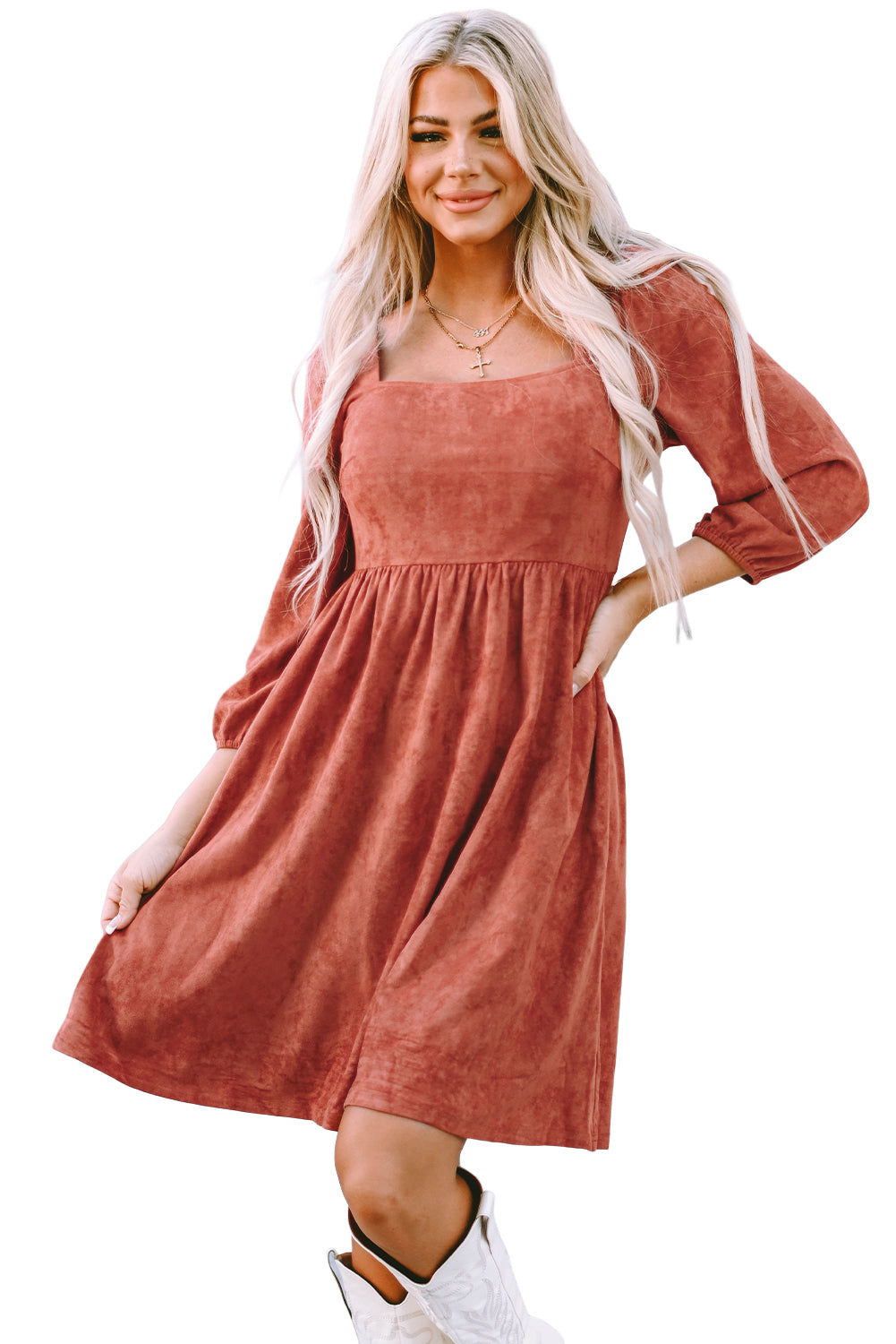 Brown Suede Square Neck Puff Sleeve Dress