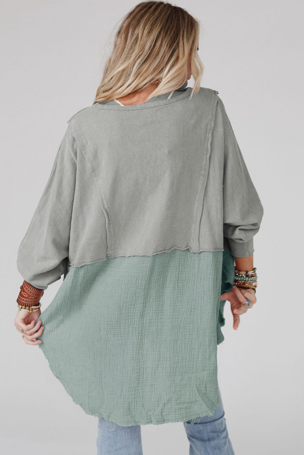 Grey Crinkle Splicing Raw Hem High Low Oversized Blouse