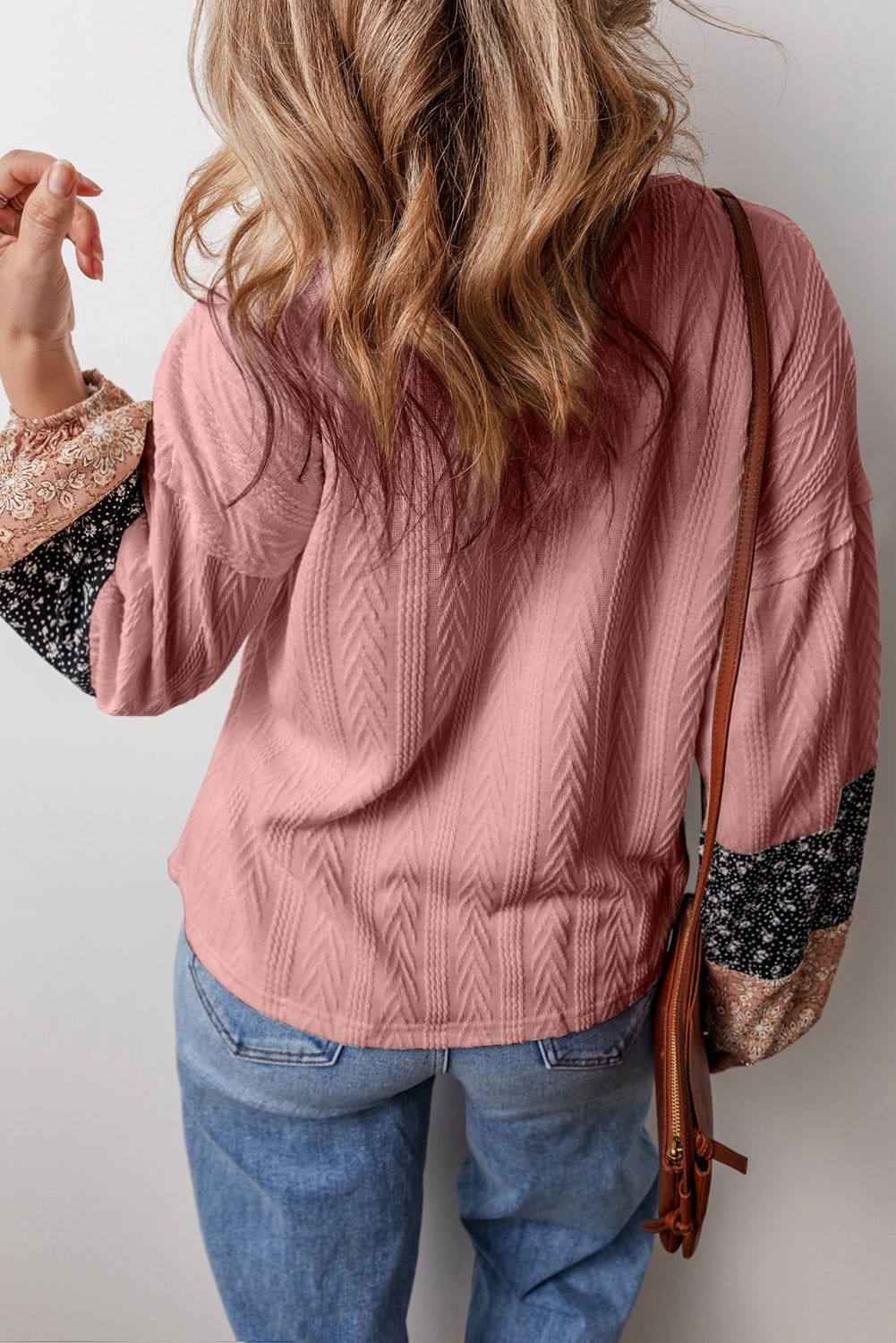 Dusty Pink Floral Patchwork Textured Knit Drawstring V Neck Blouse