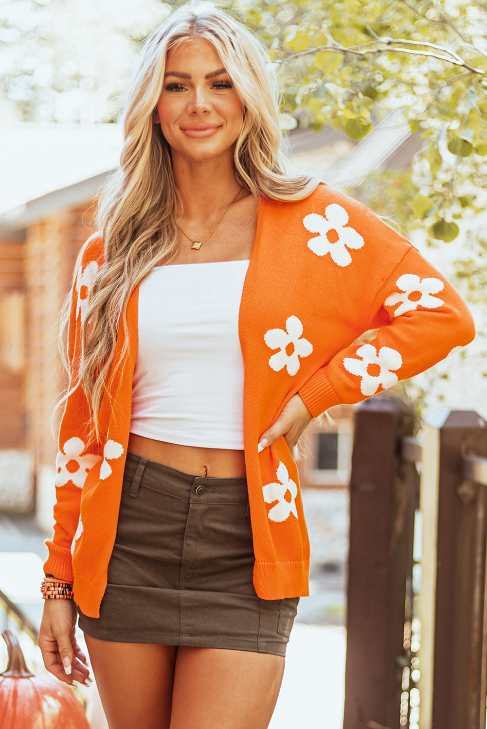 Orange Floral Print Knitted Open Front Loose Cardigan