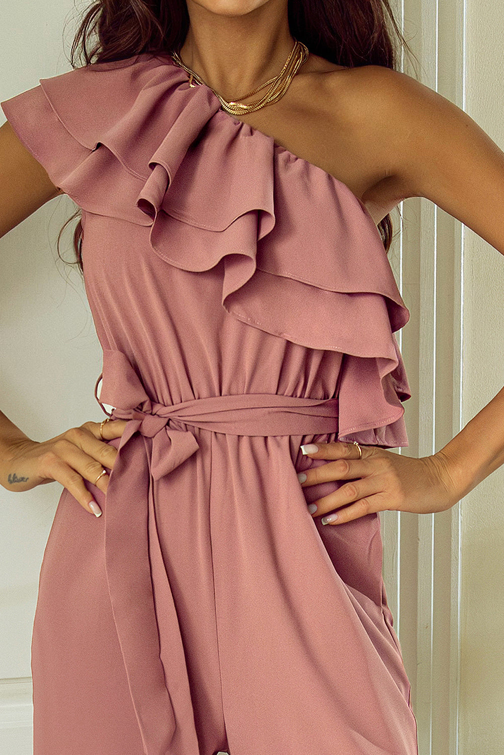 Dusty Pink One Shoulder Ruffle Trim Belted Jumpsuit