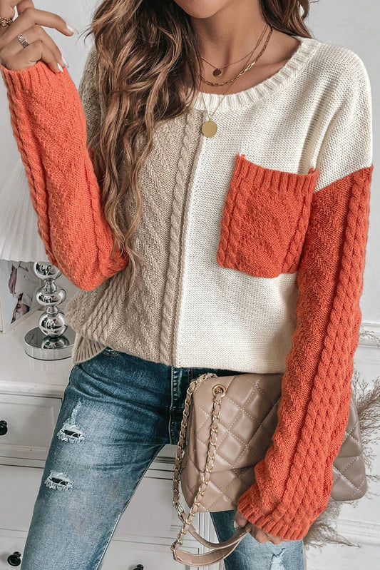 Gold Flame Colorblock Patched Pocket Drop Shoulder Sweater