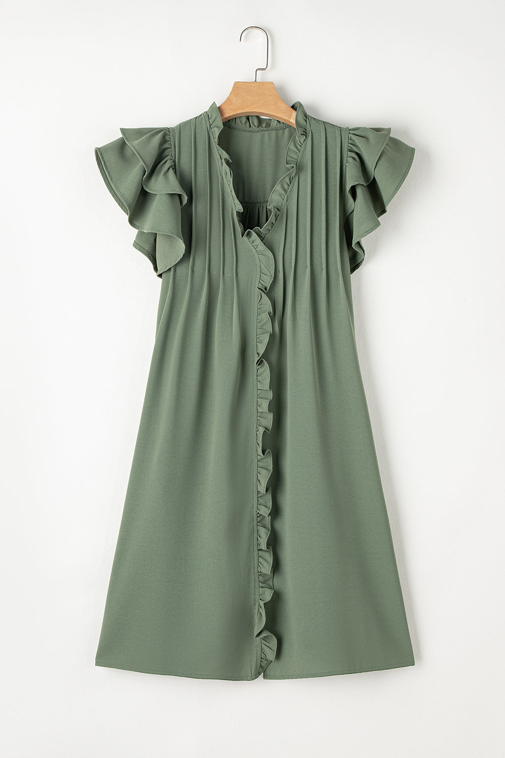 Mist Green Ruffle Sleeve V Neck Frilled Shift Dress