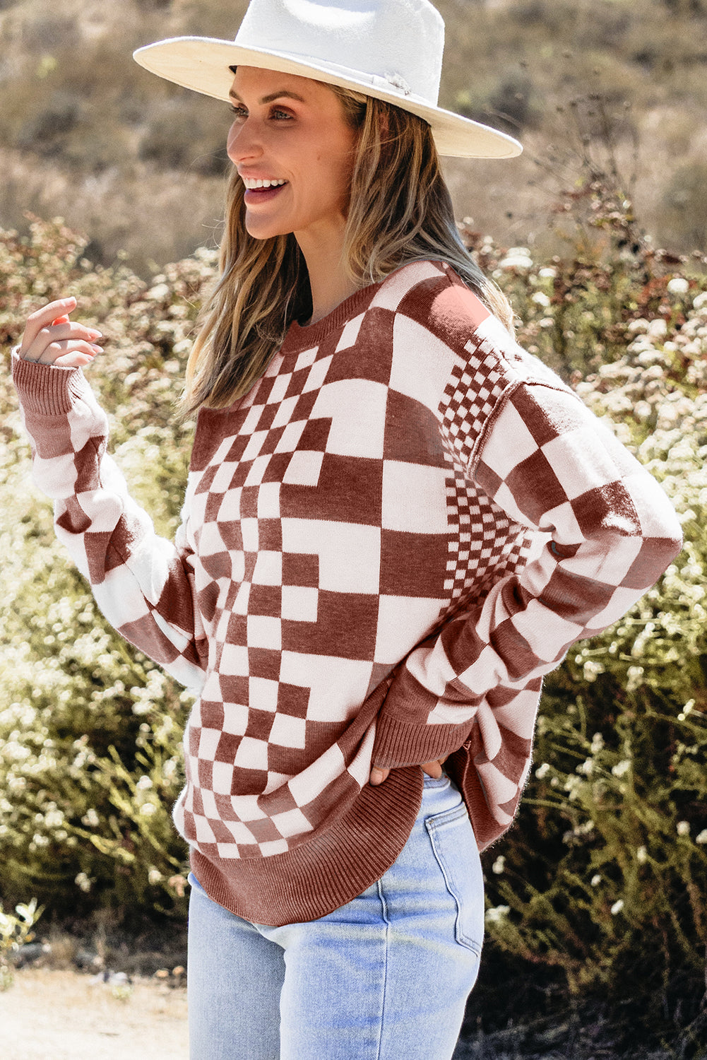 Brown Checkered Print Drop Shoulder Round Neck Sweater