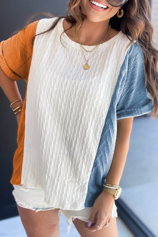 Light Blue Textured Color Block Loose Fit T Shirt