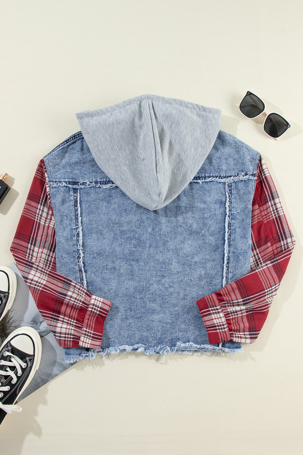 Beau Blue Plaid Print Patchwork Hooded Raw Hem Denim Jacket