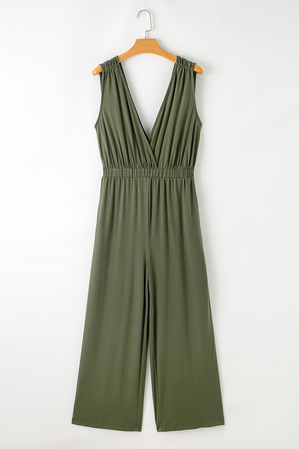 Jungle Green Deep V Pleated Crisscross Wide Leg Backless Jumpsuit