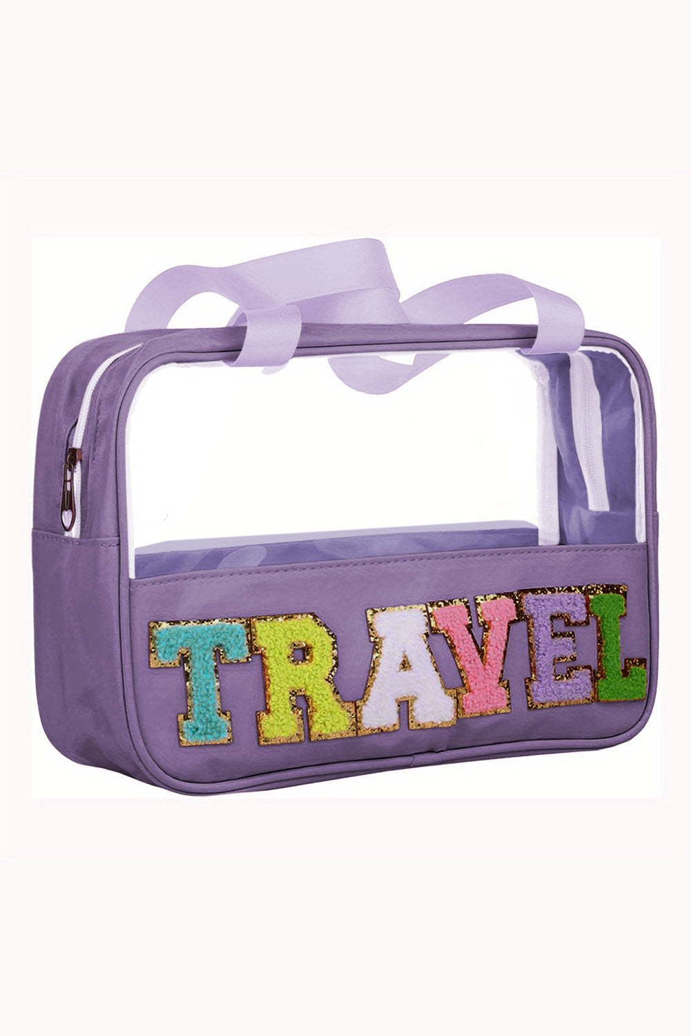 Purple TRAVEL Chenille Letter Clear PVC Makeup Bag