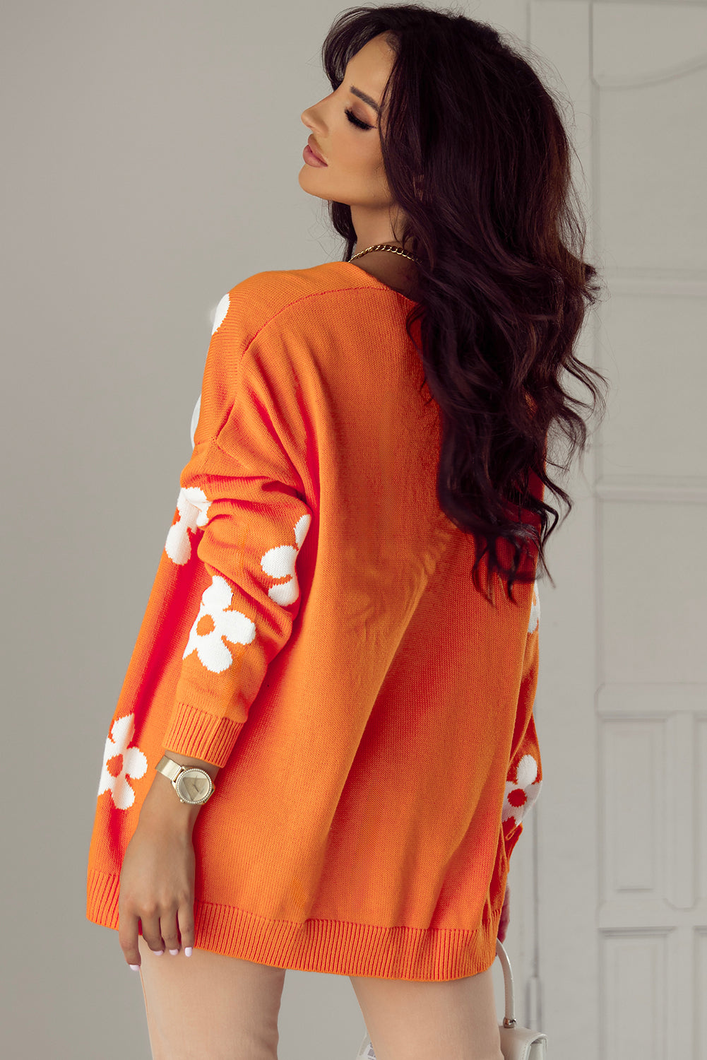 Orange Floral Print Knitted Open Front Loose Cardigan