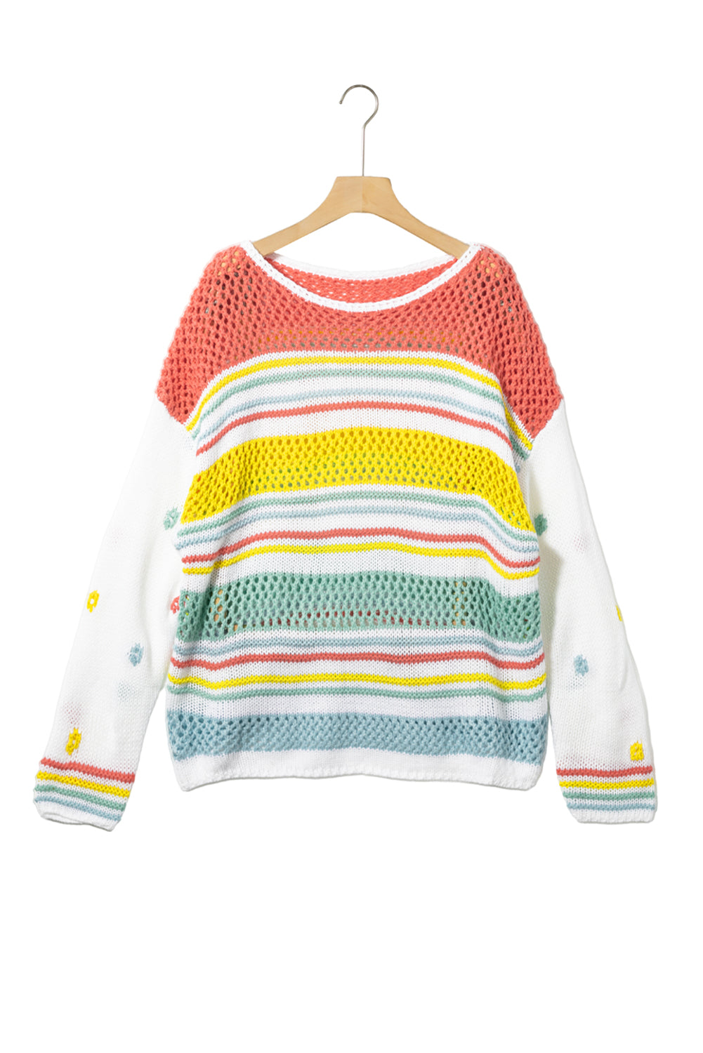 Multicolor Hollow Striped Knit Contrast Sleeve Sweater