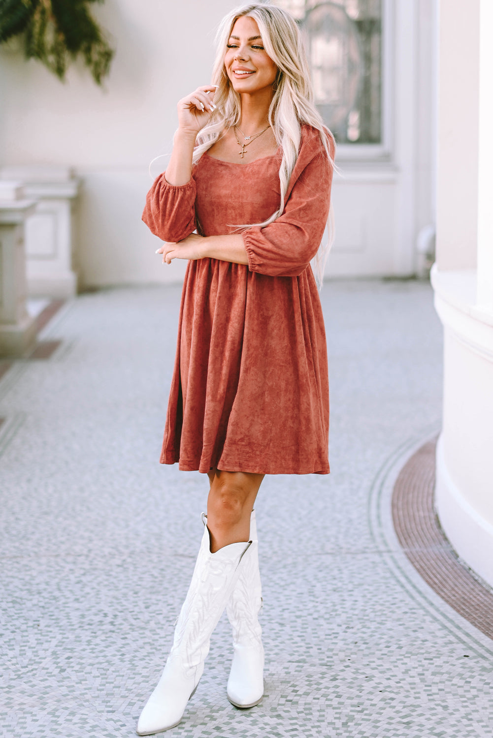 Brown Suede Square Neck Puff Sleeve Dress