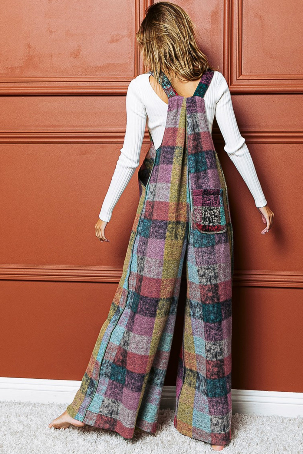 Multicolour Brushed Checkered Wide Leg Overalls