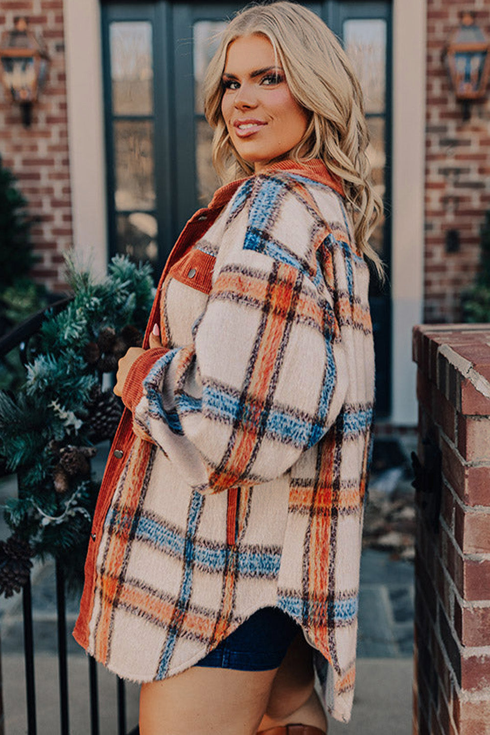 Brown Stripe Plus Size Plaid Print Collared Buttoned Jacket