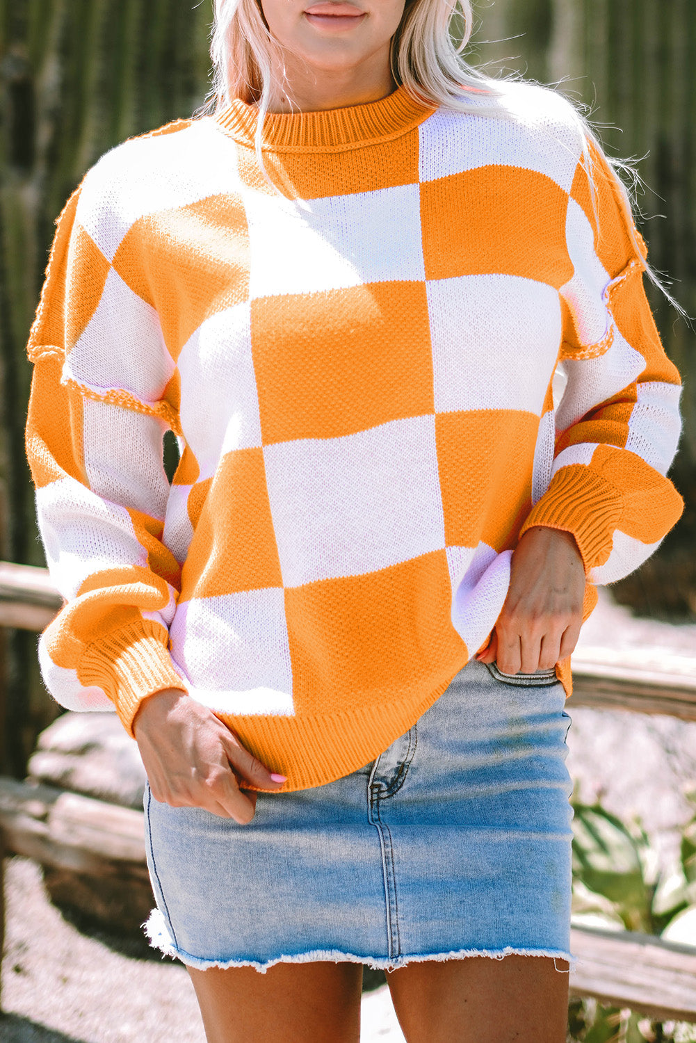 Orange Checkered Bishop Sleeve Sweater