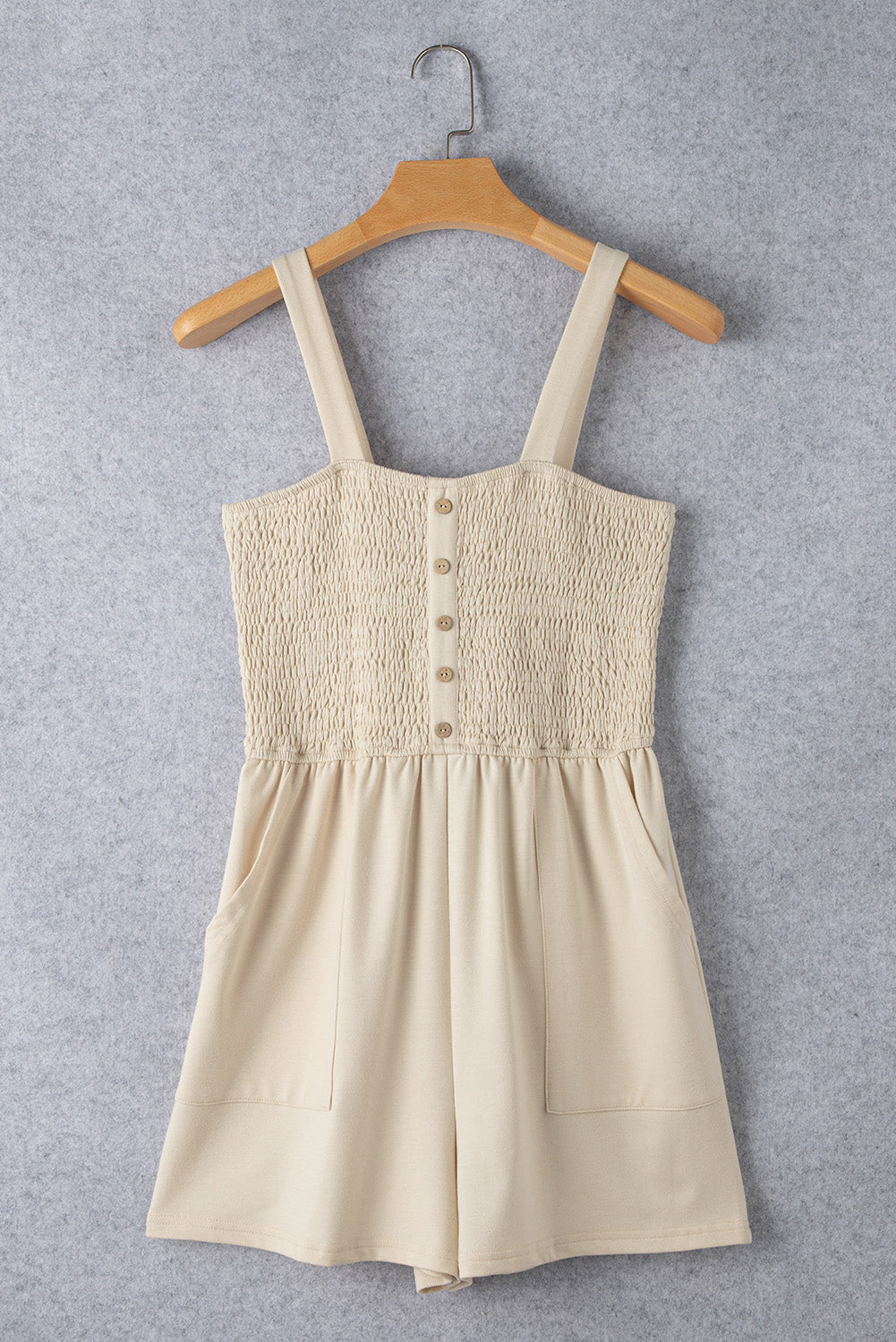 Beige Buttons Smocked Sleeveless Romper