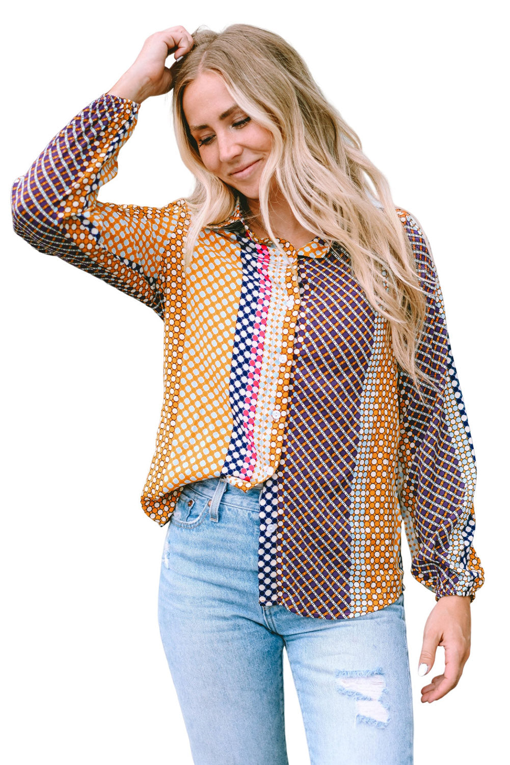 Brown Dot Print Long Sleeve Button Down Shift Shirt