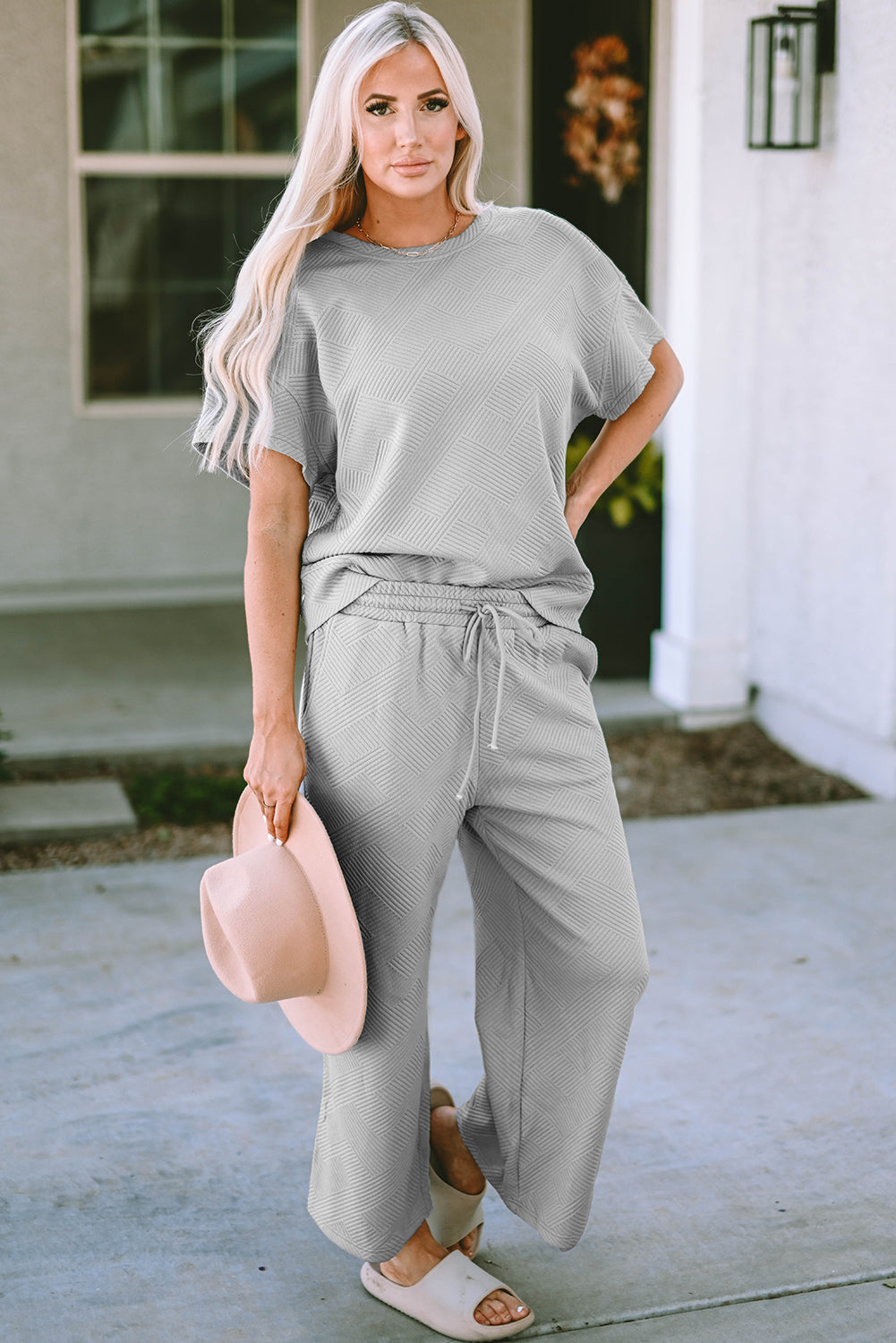 Gray Textured Loose Fit T Shirt and Drawstring Pants Set