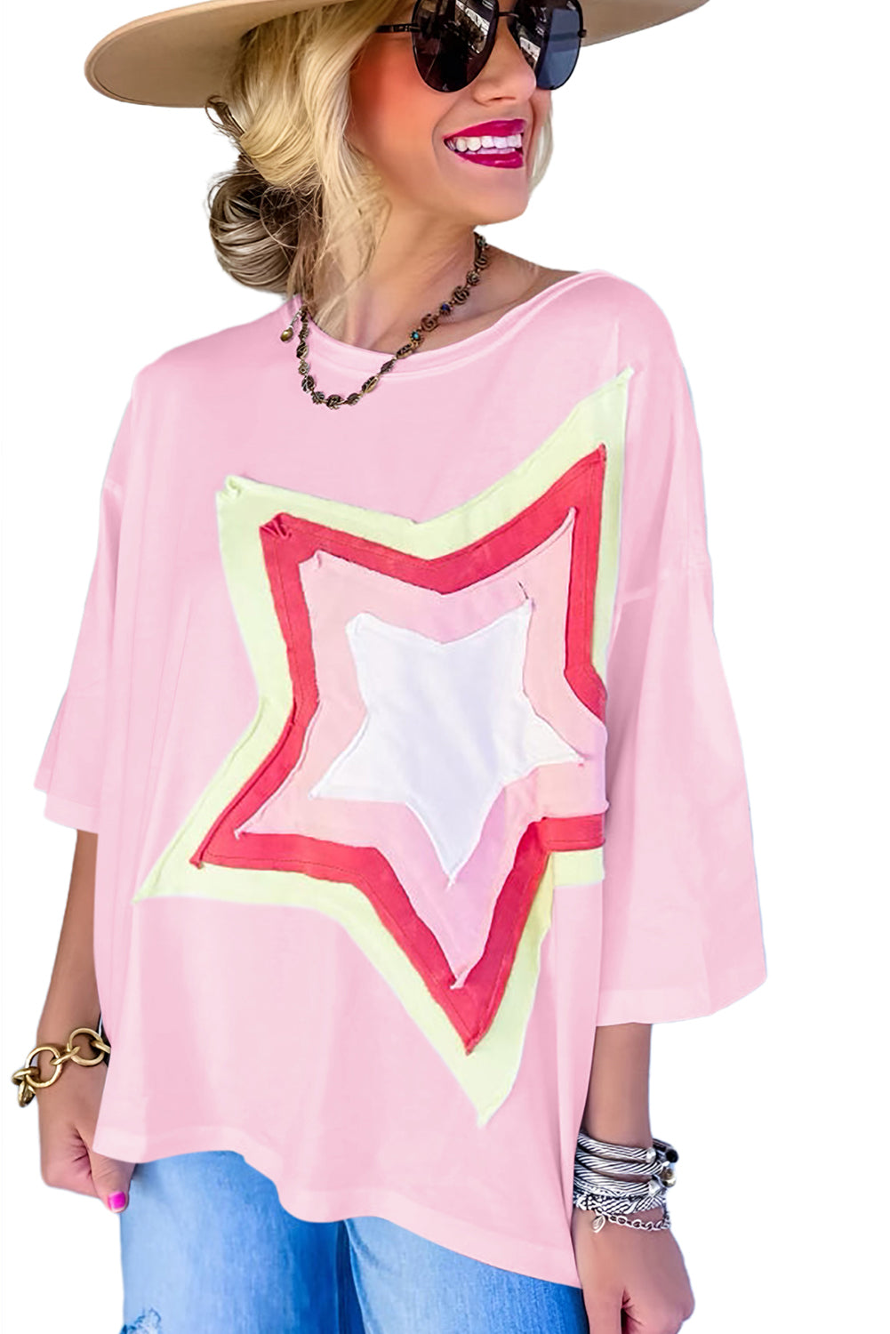 Light Pink Colorblock Star Patched Half Sleeve Oversized Tee