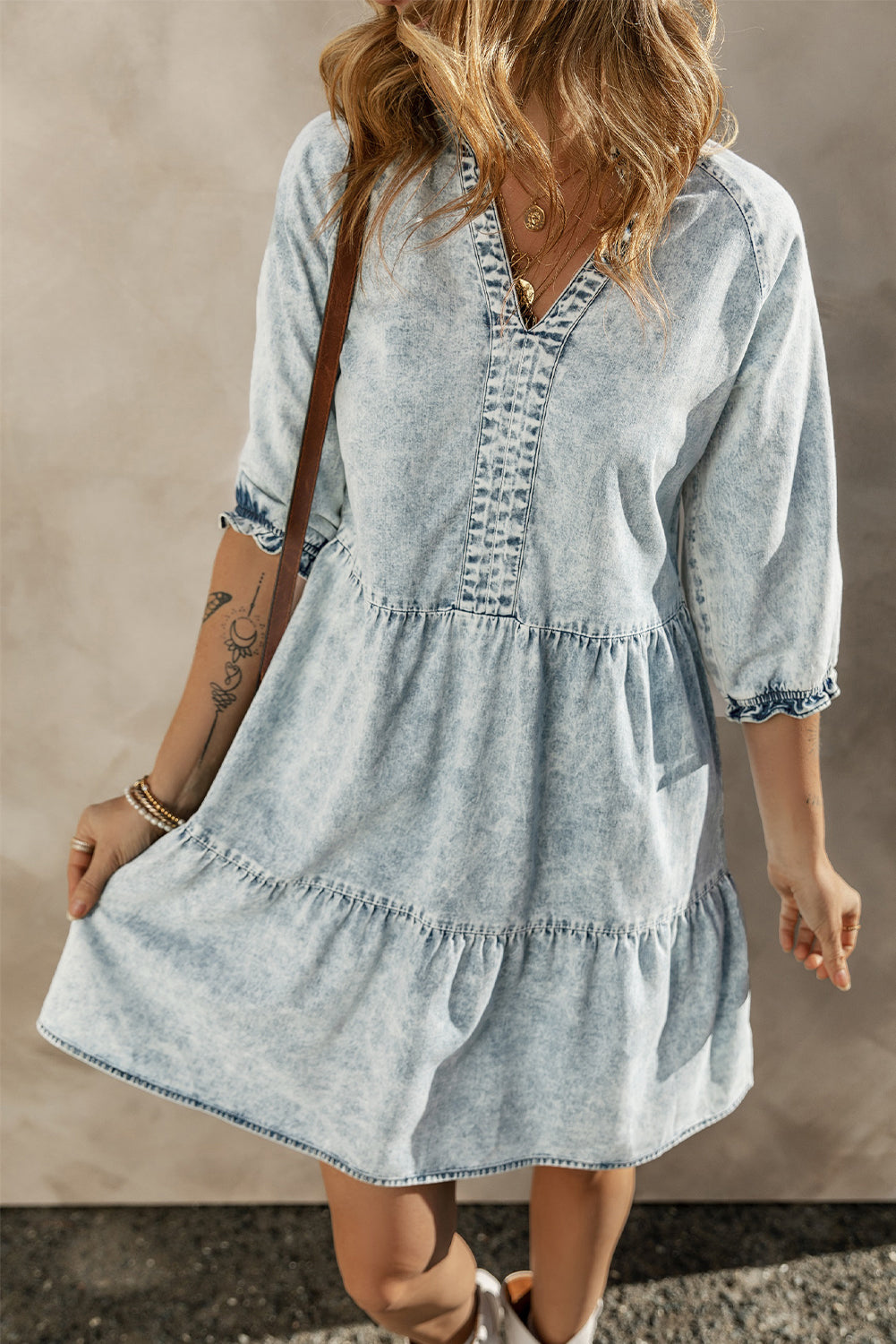 Dusk Blue Acid Wash Retro Half Sleeve Flared Denim Dress