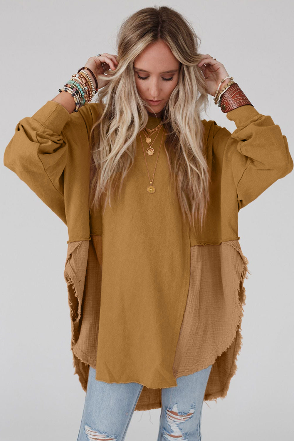 Camel Crinkle Splicing Raw Hem High Low Oversized Blouse