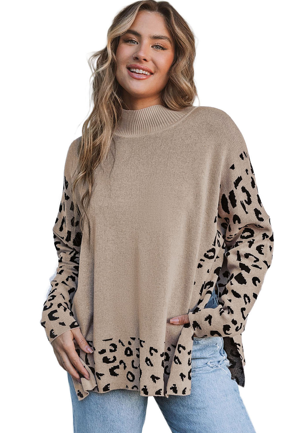 Khaki Leopard High Neck Side Slit Oversized Sweater